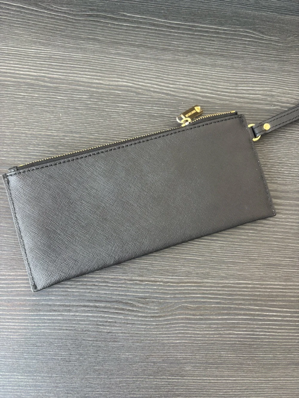 Michael Kors Studded Saffiano Leather Zip Wristlet Wallet Black Gold
